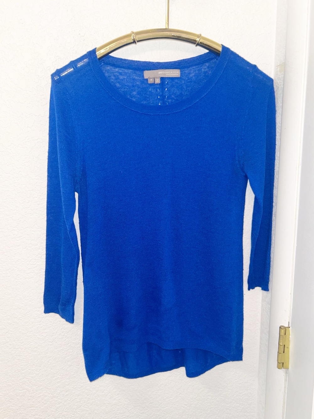 360 Cashmere The 💯 Cashmere CrewNeck lightweight 3/4 Sleeve Sweater Cobalt SZ: S